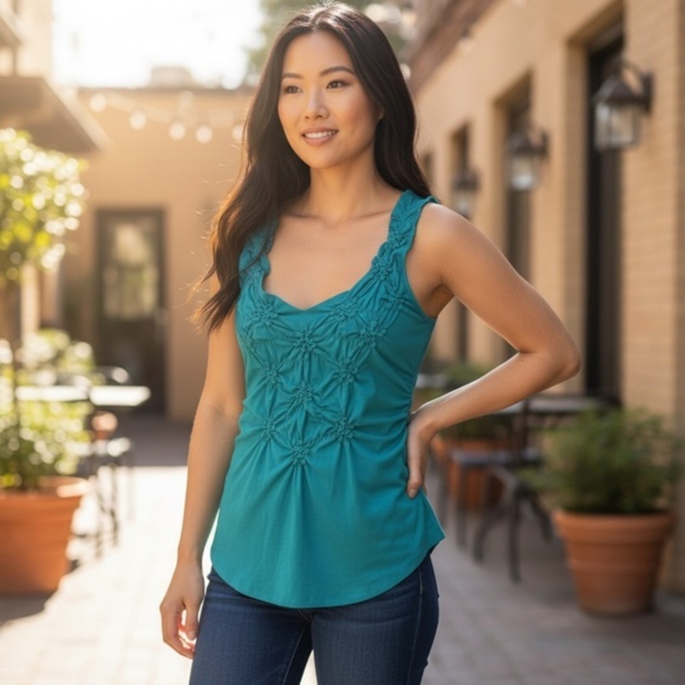 Garnet Hill Teal Textured Smocked Lattice Rosette Tank Top Size Medium